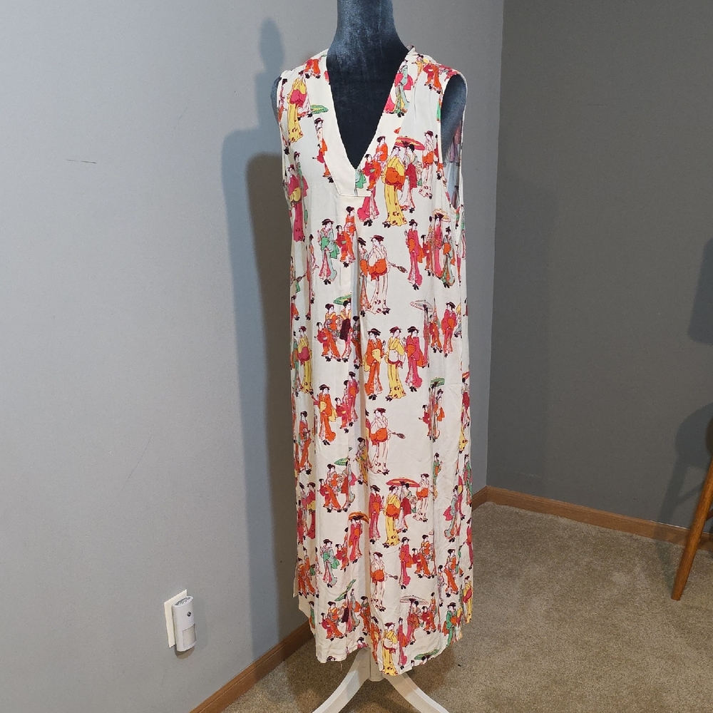 Natori White Geisha Novelty Print Sleeveless Maxi Dress V-Neck L